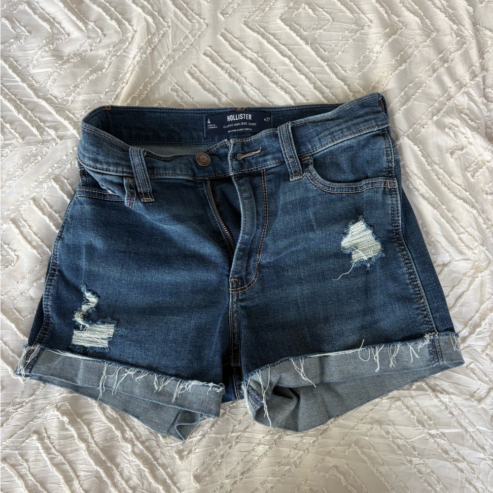 Hollister Women's Distressed Dark Blue Jean Shorts